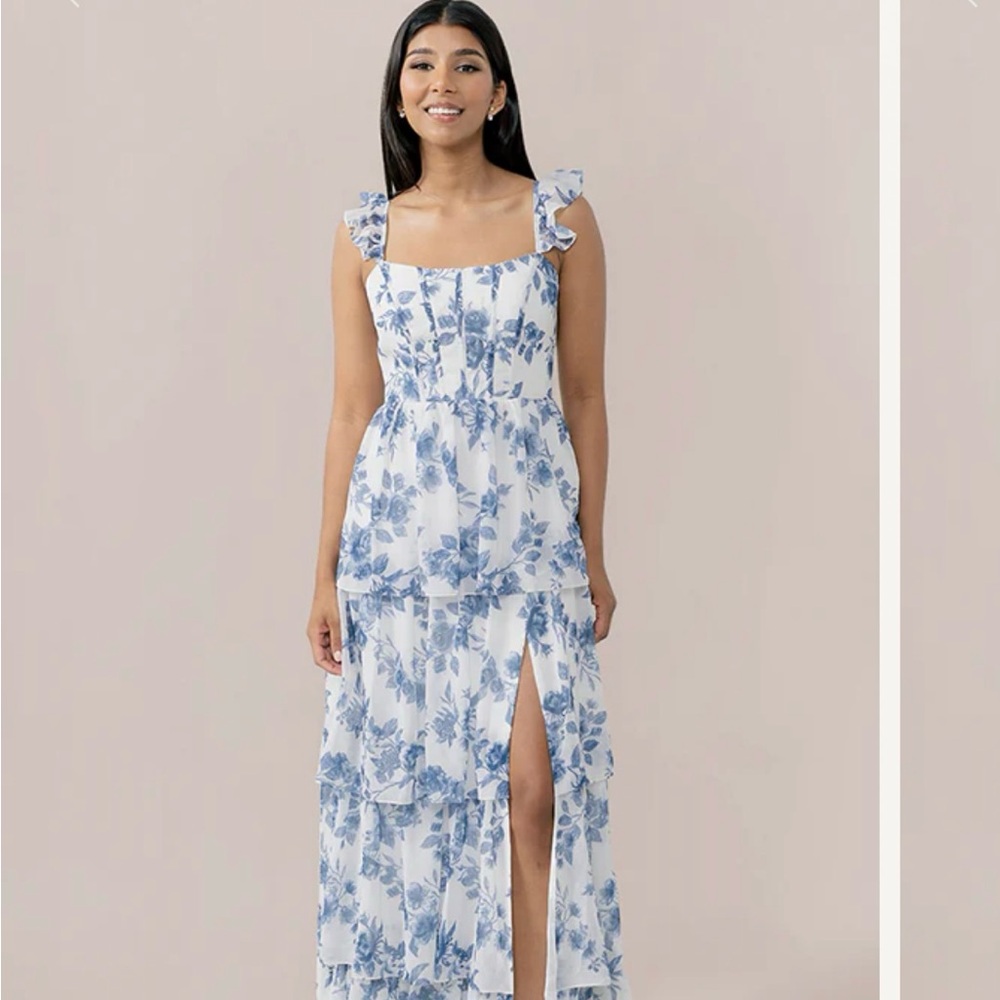 🩵 Revelry Poppy Chiffon Floral Print Dress in “Dusty Blue Bouquet”